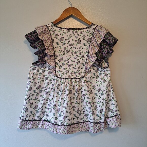 CAROLINA BELLE Montreal Purple Floral Cotton Flutter Sleeve Blouse Shirt Size S - Picture 10 of 11